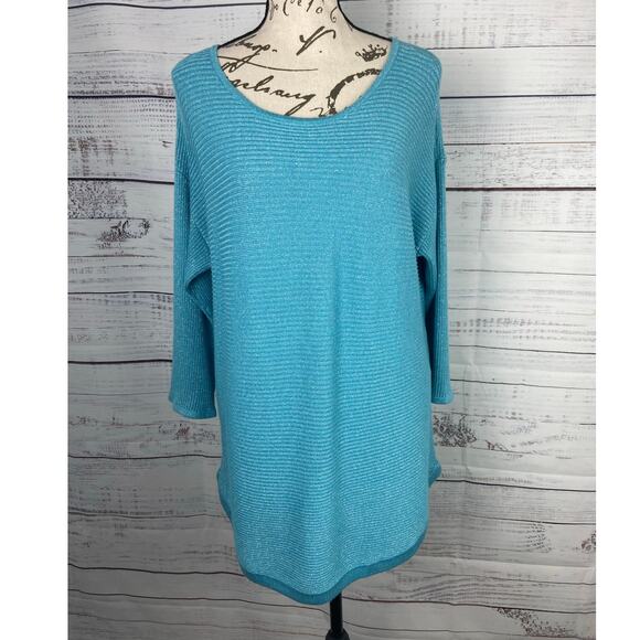 Chico's Sweaters - Chicos 2 Sweater Womens L Blue Metallic Shimmer Ribbed Knit 3/4 Sleeves Stretch